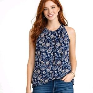 AVA CHRISTINE Size Medium Blue Jacobean Floral Pleated Neck Sleeveless Blouse